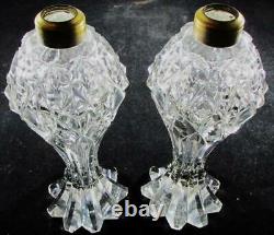 Stunning Antique Pair of Heavy Brilliant Clear Optic Glass Petite Oil Lamps