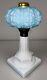 Stunning Cased Blue Glass Kerosene Oil Stand Lamp White Corinthian Screw-On Base