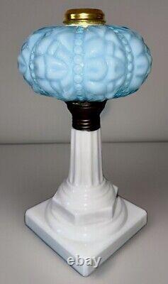 Stunning Cased Blue Glass Kerosene Oil Stand Lamp White Corinthian Screw-On Base