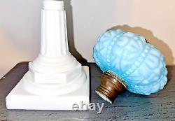 Stunning Cased Blue Glass Kerosene Oil Stand Lamp White Corinthian Screw-On Base