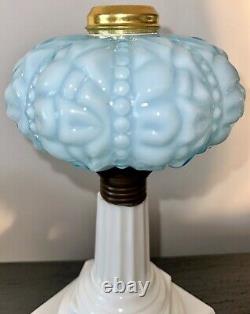 Stunning Cased Blue Glass Kerosene Oil Stand Lamp White Corinthian Screw-On Base