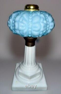 Stunning Cased Blue Glass Kerosene Oil Stand Lamp White Corinthian Screw-On Base