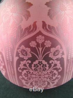 Stunning Cranberry Glass Etched Antique Beehive Oil Lamp Shade, Duplex 4 Fitter