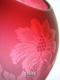 Stunning Cranberry Glass Etched Antique Beehive Oil Lamp Shade, Duplex 4 Fitter