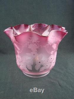 Stunning Cranberry Satin Glass Oil Lamp Shade, With Etched Decoration In Relief