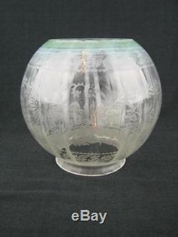 Stunning Fully Etched Glass Globe Duplex Oil Lamp Shade Green Tinted Rim