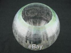 Stunning Fully Etched Glass Globe Duplex Oil Lamp Shade Green Tinted Rim