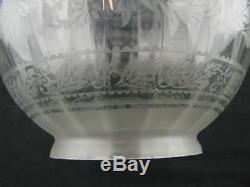 Stunning Fully Etched Glass Globe Duplex Oil Lamp Shade Green Tinted Rim