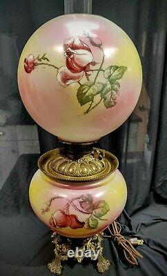 Stunning Roses Roses Victorian antique Gone with the Wind GWTW parlor oil lamp