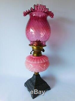 Stunning Victorian Duplex Oil Lamp Cranberry Shade With Frilled Top