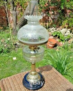 Stunning Victorian Oil Lamp Glass Font Etched Shade 24 High Working
