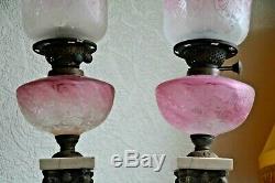 Stunning pair of very rare giant Victorian banquet oil lamp + Cameo glass shade