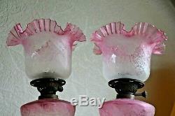 Stunning pair of very rare giant Victorian banquet oil lamp + Cameo glass shade