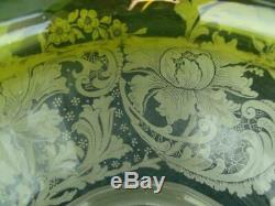 Superb 19th C Yellow Etched Glass Tulip Shape Duplex Oil Lamp Shade 4 Fitter