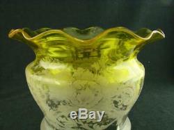 Superb 19th C Yellow Etched Glass Tulip Shape Duplex Oil Lamp Shade 4 Fitter