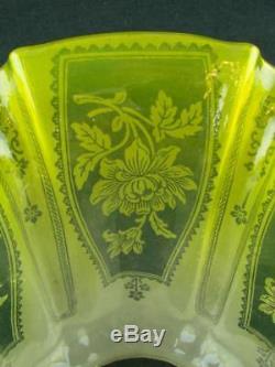 Superb 19th C Yellow Etched Glass Tulip Shape Duplex Oil Lamp Shade 4 Fitter
