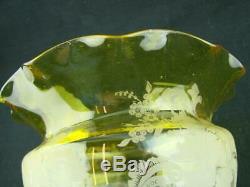 Superb 19th C Yellow Etched Glass Tulip Shape Duplex Oil Lamp Shade 4 Fitter