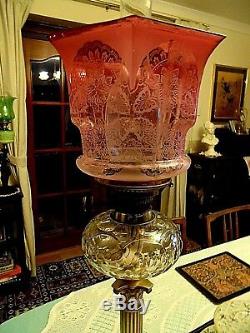 Superb Large Quality Cranberry/clear Etch Victorian Twin Duplex Oil Lamp Shade