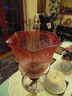 Superb Large Quality Cranberry/clear Etch Victorian Twin Duplex Oil Lamp Shade