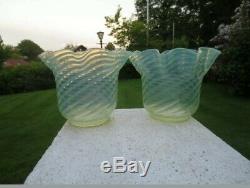 Superb Pair Of Antique Vaseline Glass Duplex Oil Lamp Shades Was Benson Suit