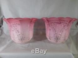 Superb Pair Of Antique Veritas Cranberry Acid Etched Duplex Oil Lamp Shades