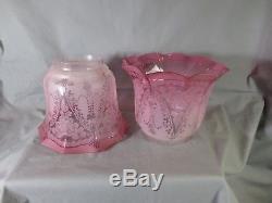 Superb Pair Of Antique Veritas Cranberry Acid Etched Duplex Oil Lamp Shades