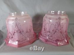 Superb Pair Of Antique Veritas Cranberry Acid Etched Duplex Oil Lamp Shades