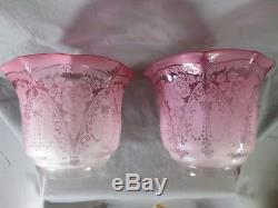 Superb Pair Of Antique Veritas Cranberry Acid Etched Duplex Oil Lamp Shades