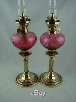 Superb Pair Of Brass Peg Oil Lamps, Swirled Cranberry Fonts, Burner, Chimney