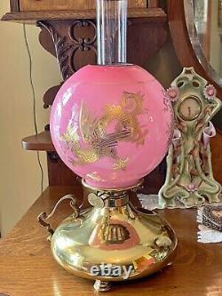 Superb Rare Antique Hollins Brass Kerosene Oil Lamp with 9 Pink Gilt Dragon Shade