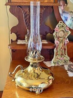 Superb Rare Antique Hollins Brass Kerosene Oil Lamp with 9 Pink Gilt Dragon Shade