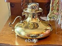 Superb Rare Antique Hollins Brass Kerosene Oil Lamp with 9 Pink Gilt Dragon Shade