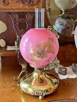 Superb Rare Antique Hollins Brass Kerosene Oil Lamp with 9 Pink Gilt Dragon Shade