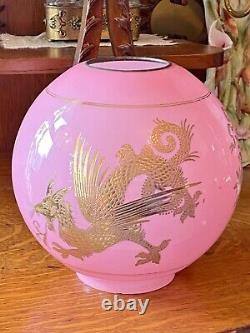 Superb Rare Antique Hollins Brass Kerosene Oil Lamp with 9 Pink Gilt Dragon Shade