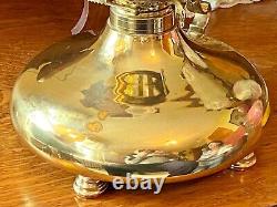 Superb Rare Antique Hollins Brass Kerosene Oil Lamp with 9 Pink Gilt Dragon Shade