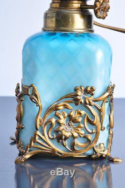 Superbe lampe a huile petrole 1903 Opaline Antique Oil Lamp Glass Jugendstil