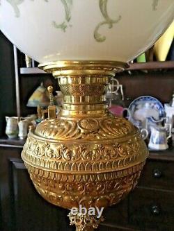 TALL ANTIQUE PLUME & ATWOOD BANQUET OIL LAMP with GWTW FLORAL GLOBE