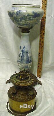 Tall Antique Delft Windmill Scene Oil/Kerosene Banquet Parlor Victorian Lamp