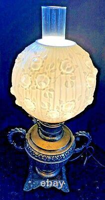 The Rochester Antique Oil Lamp Converted to Electric Fenton Rose Glass Globe