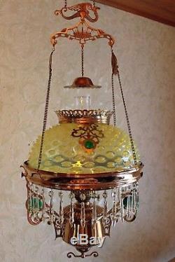 ULTRA RARE Pittsburgh Victorian JEWELED Hanging Library Kerosene Oil Lamp