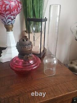 UNIQUE Antique Victorian Cast Iron Cranberry Oil Lamp Hanging Light