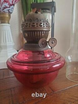 UNIQUE Antique Victorian Cast Iron Cranberry Oil Lamp Hanging Light