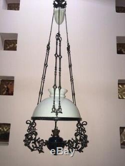 Unique Design Zsolnay Antique Hanging Kerosene Oil Lamp Ceiling from 1912
