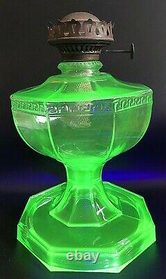 Uranium Green Glass 8 Paneled Hefty Kerosene / Oil Wick Lamp Unique Antique EAPG