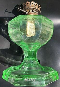 Uranium Green Glass 8 Paneled Hefty Kerosene / Oil Wick Lamp Unique Antique EAPG