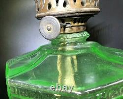 Uranium Green Glass 8 Paneled Hefty Kerosene / Oil Wick Lamp Unique Antique EAPG