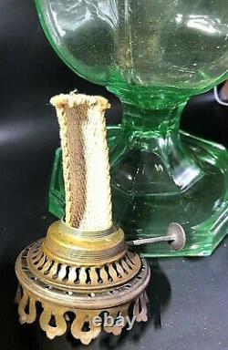 Uranium Green Glass 8 Paneled Hefty Kerosene / Oil Wick Lamp Unique Antique EAPG