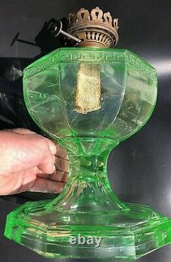 Uranium Green Glass 8 Paneled Hefty Kerosene / Oil Wick Lamp Unique Antique EAPG