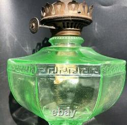 Uranium Green Glass 8 Paneled Hefty Kerosene / Oil Wick Lamp Unique Antique EAPG