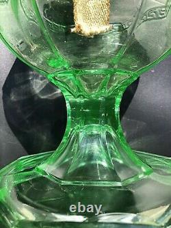 Uranium Green Glass 8 Paneled Hefty Kerosene / Oil Wick Lamp Unique Antique EAPG